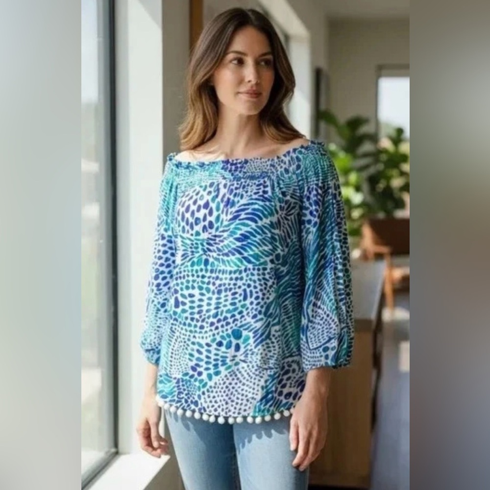 Lilly Pulitzer Nita Blue & Aqua Off-Shoulder Printed Tunic